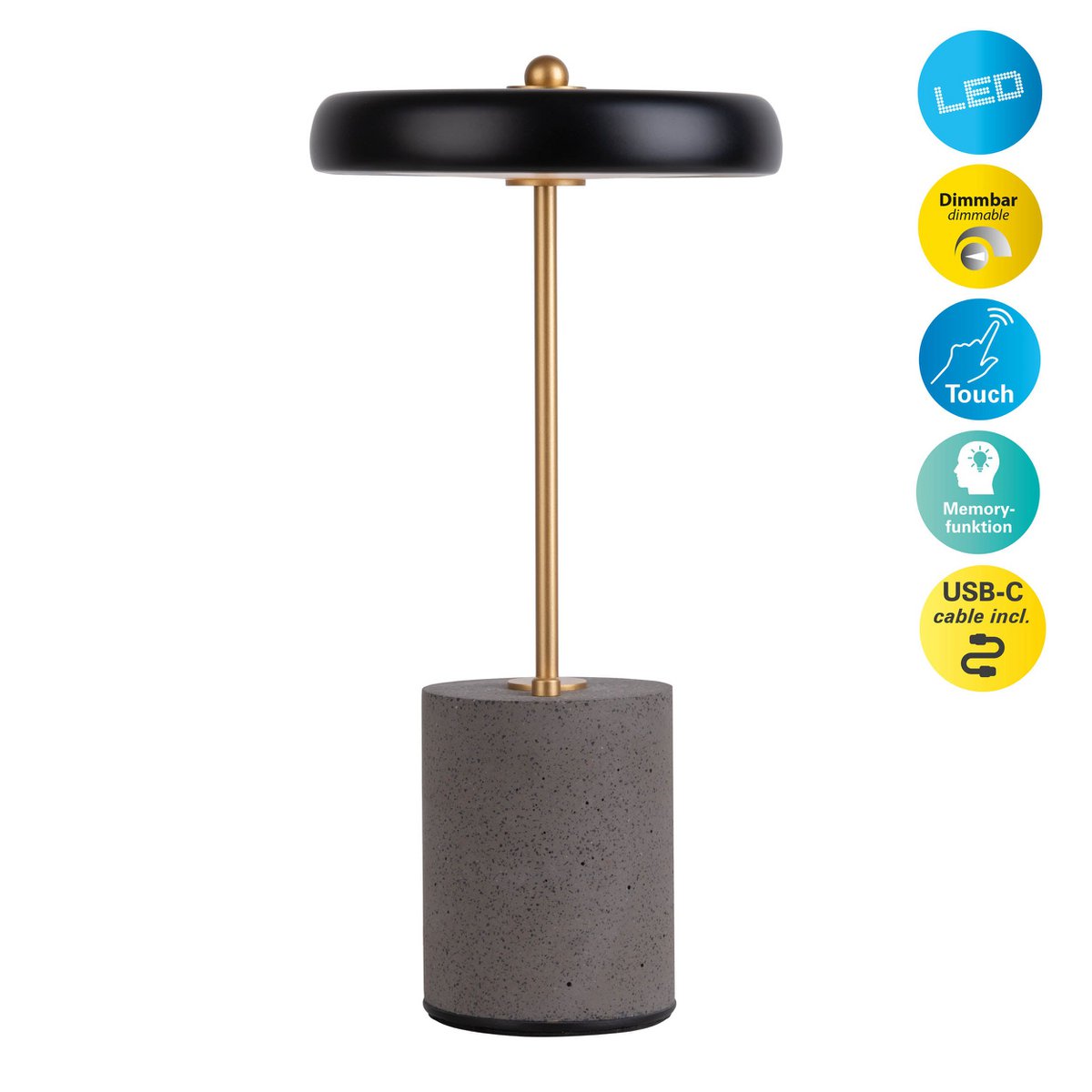 Timeless Black Metal and Concrete LED Table Lamp, Artisan Crafted