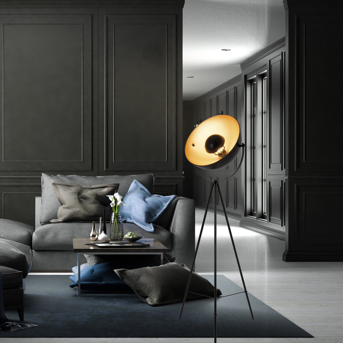 Elegant Black and Gold Three-Legged Floor Lamp for Any Space