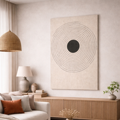 Modern living room with neutral tones, wooden furniture, and decorative elements.